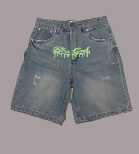 BLVCGOD BLUE RHINESTONE JEAN SHORTS