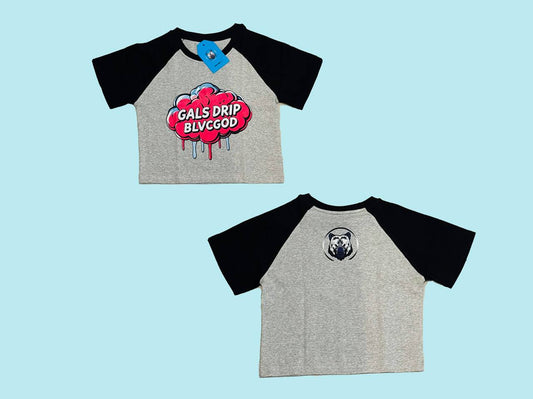 GALS DRIP BLVCGOD CROP TEE (BLVC & GREY)