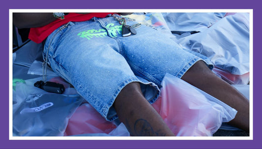 BLVCGOD BLUE RHINESTONE JEAN SHORTS